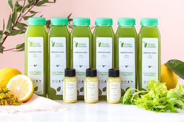 Raw Fountain Green Juice bottles & shots